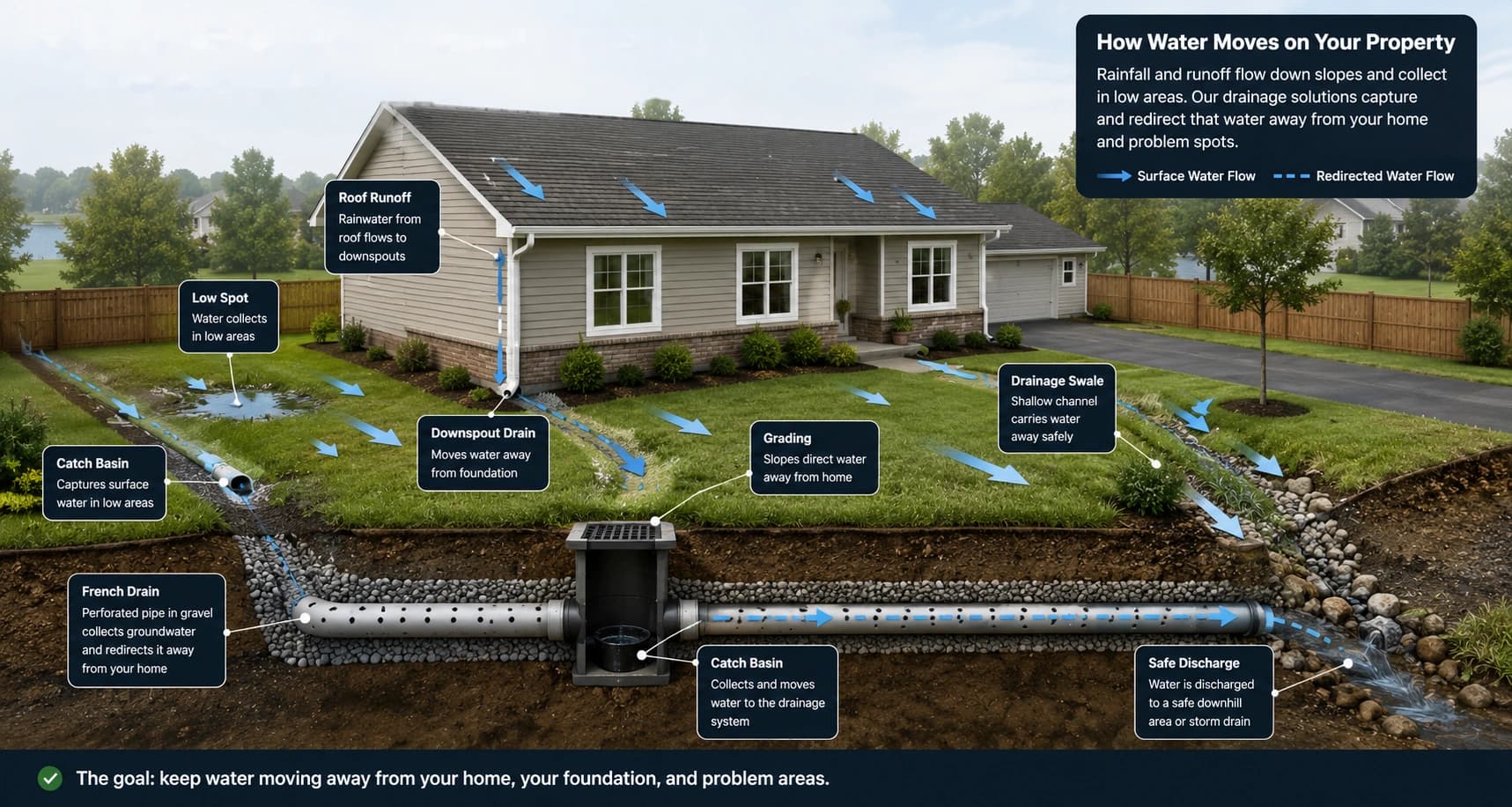 Diagram of roof runoff, downspouts, grading, a catch basin, and a French drain moving water away from a house