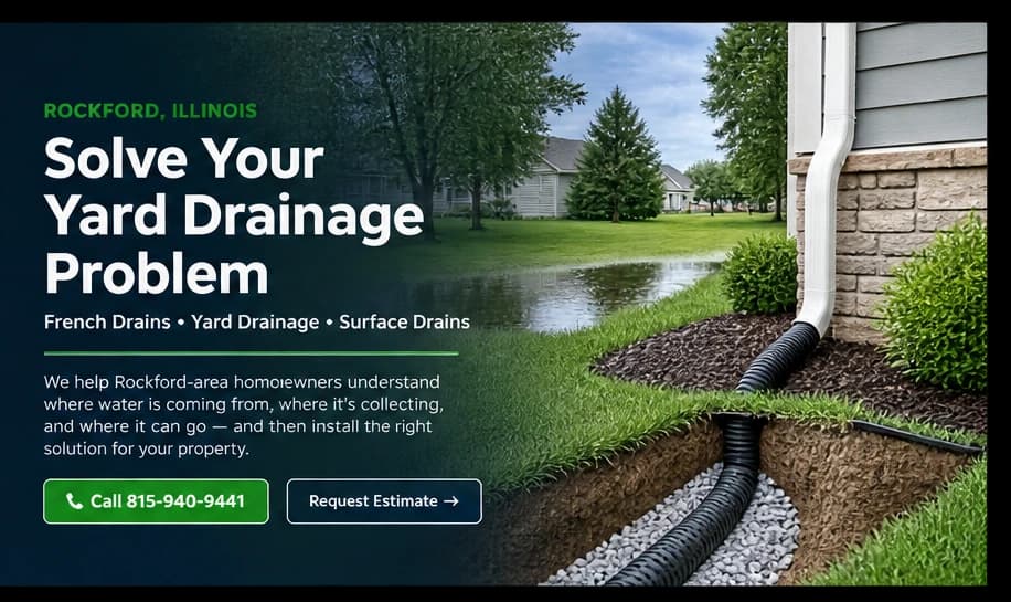 French drain trench along a residential yard