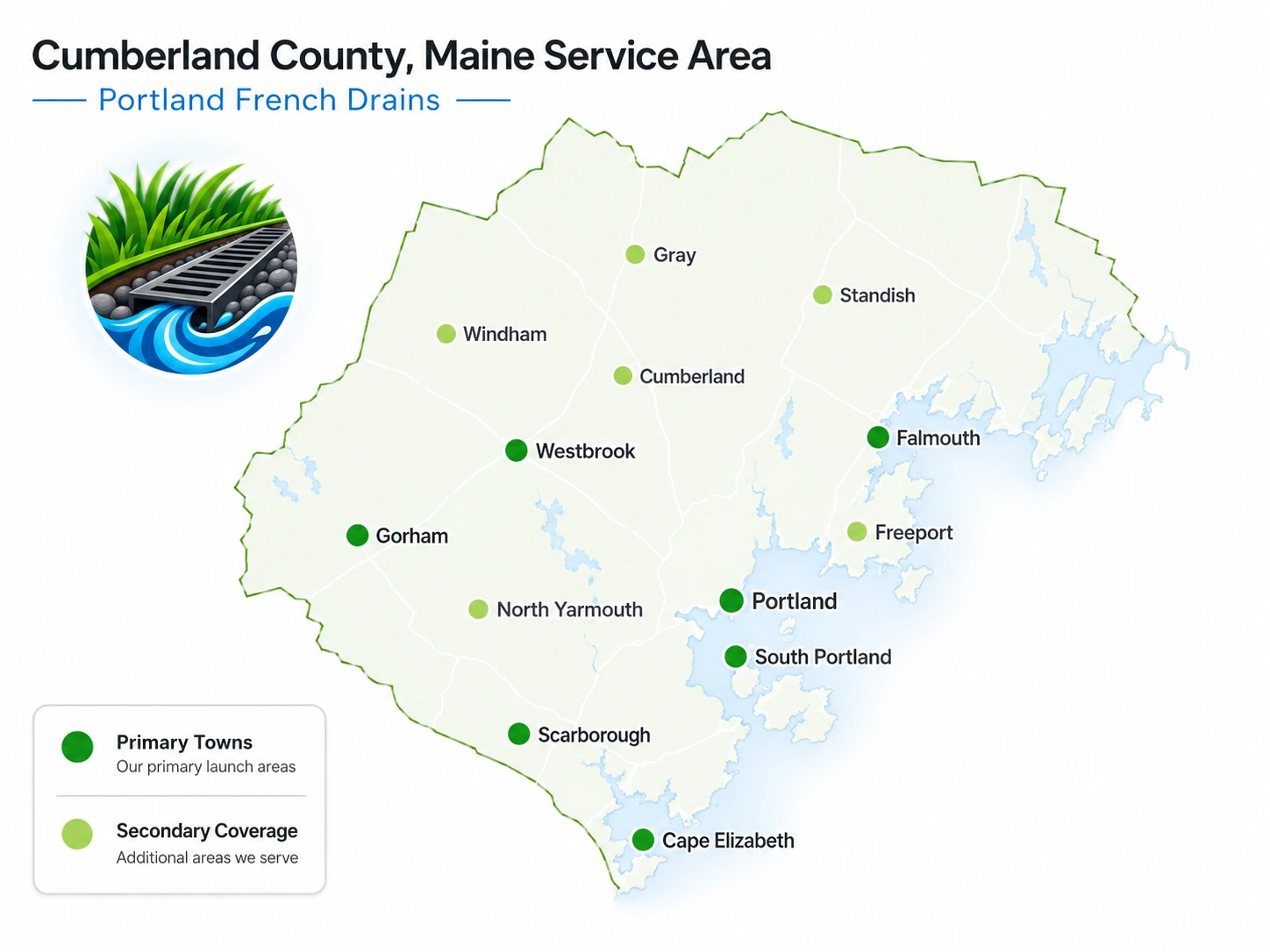 Cumberland County, Maine service-area map for Portland French Drains showing communities served