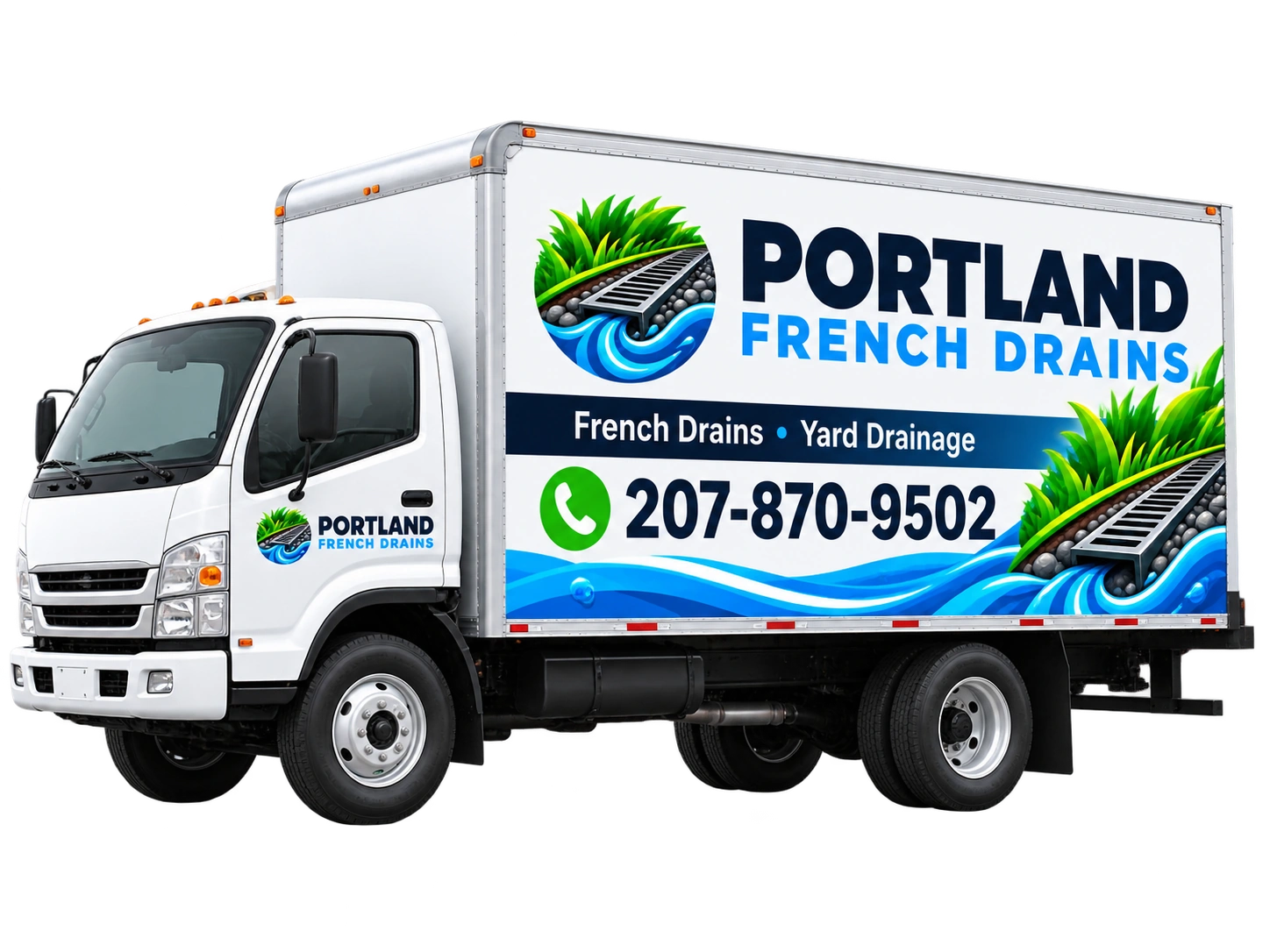 Portland French Drains branded box truck illustration