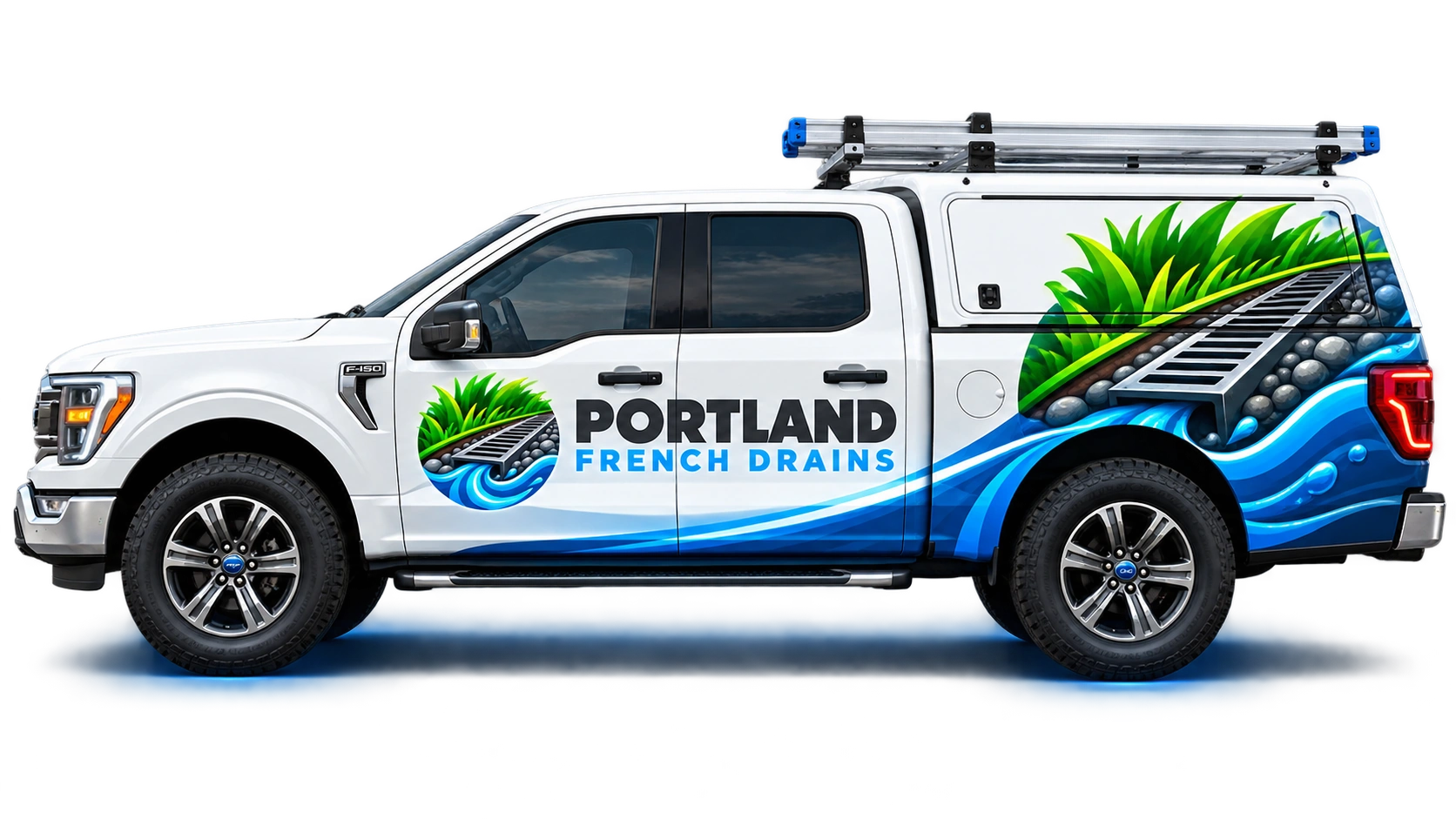 Portland French Drains branded pickup illustration